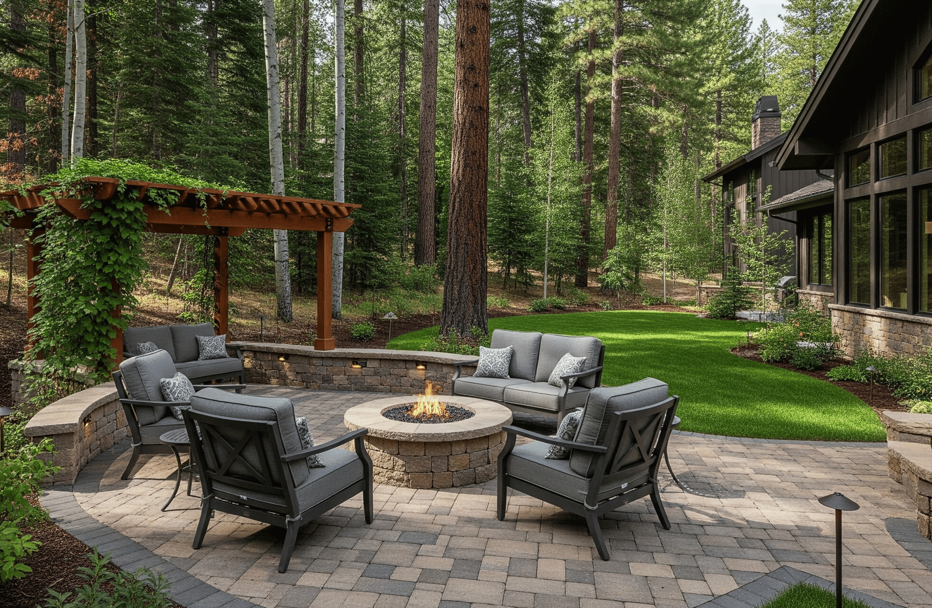 Outdoor seating area with a fire pit, surrounded by trees and a house - designed by All In Hardscape Services.