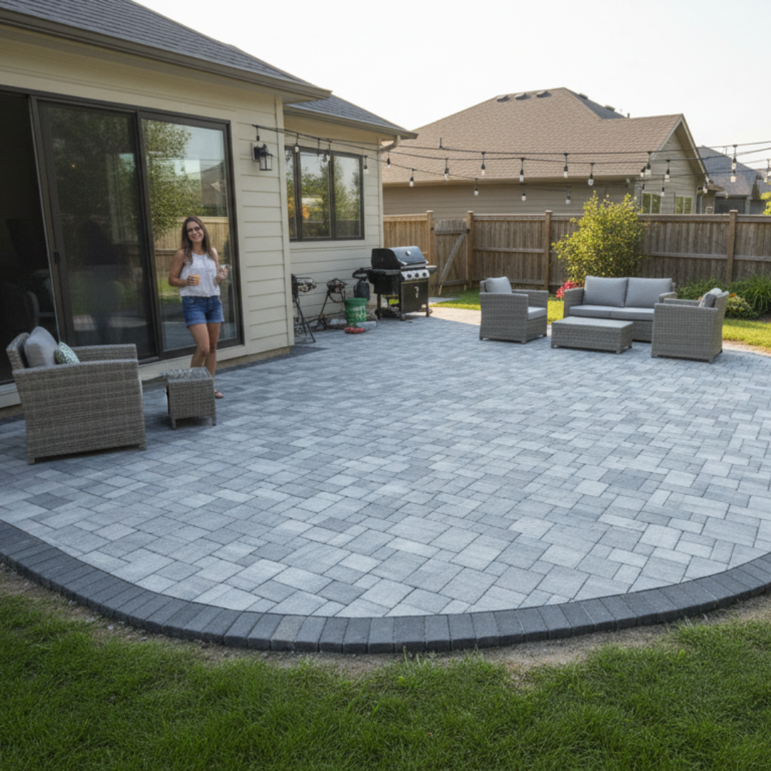 Large backyard concrete paver patio installation at residential home in Reno NV