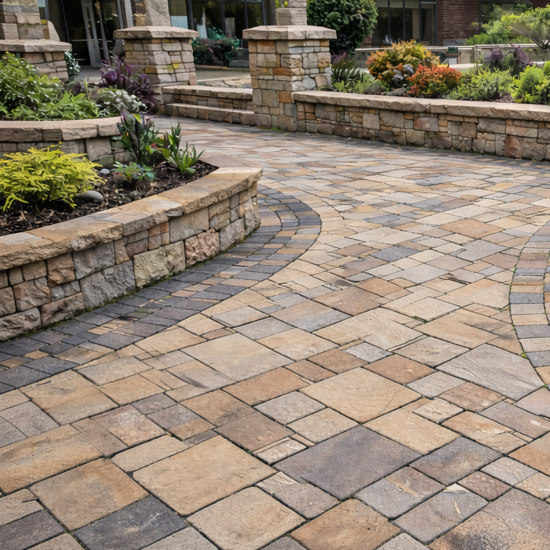 Decorative concrete paver patio design in Reno NV with herringbone pattern, accent borders and multi-color paver blend by All In.