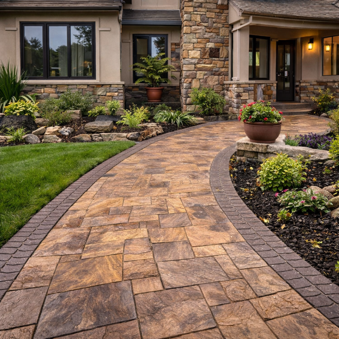 Close-up of decorative stamped concrete walkway pattern with textured stone finish at Reno NV home