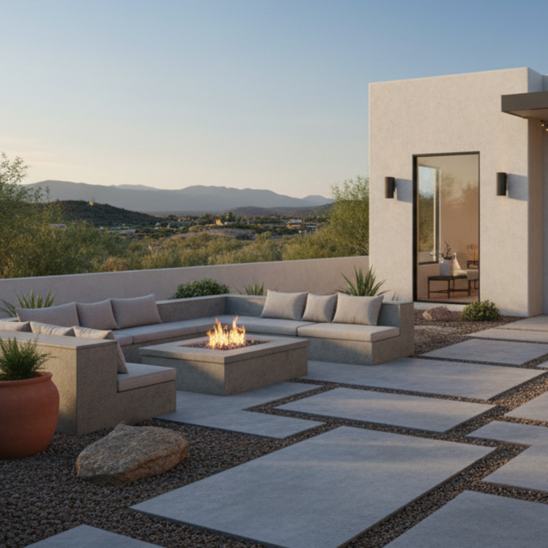 Modern outdoor patio with built-in fire feature and seating area in Reno NV