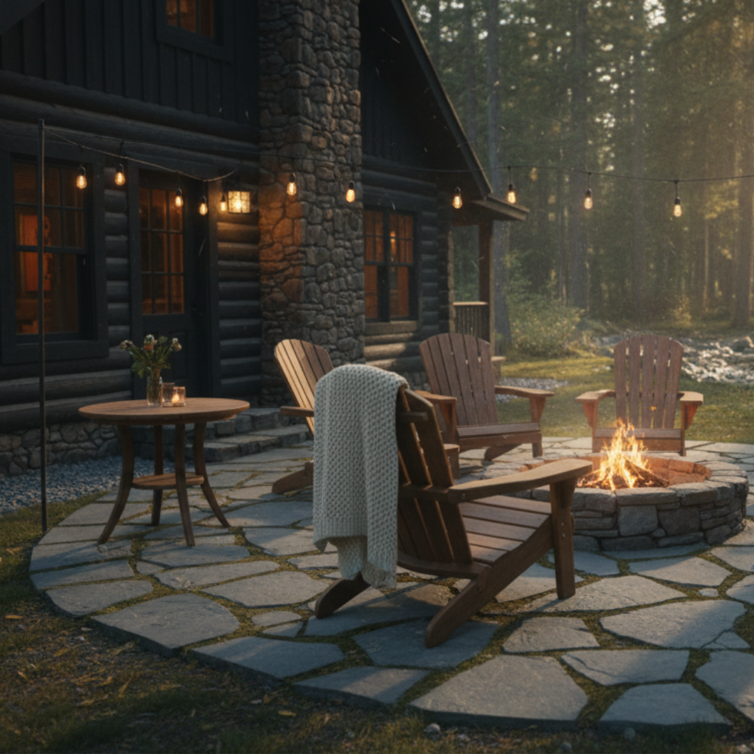 Natural stone patio with backyard fire pit seating area at Reno NV cabin