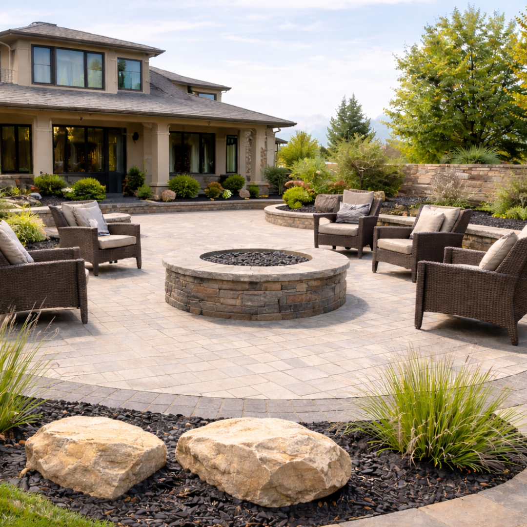 Backyard stamped concrete patio with outdoor fireplace and seating area designed for entertaining in Reno NV