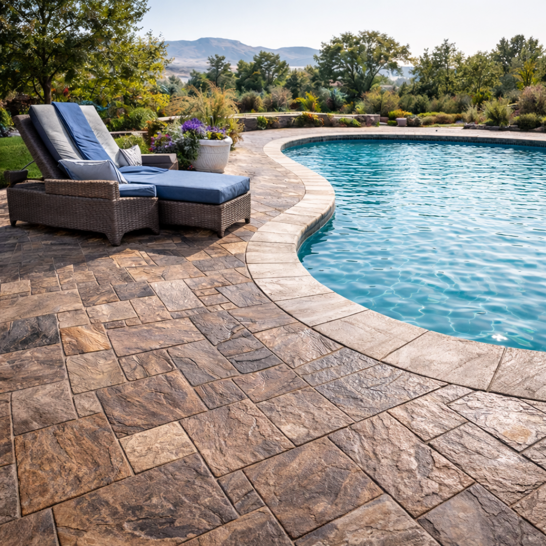 Decorative stamped concrete pool deck with natural stone texture surrounding a residential pool in Reno NV