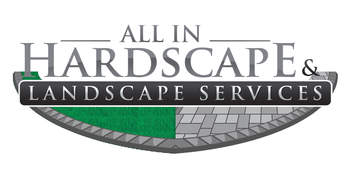 Logo for All In Hardscape & Landscape Services featuring text over a split background of green grass and grey pavers.