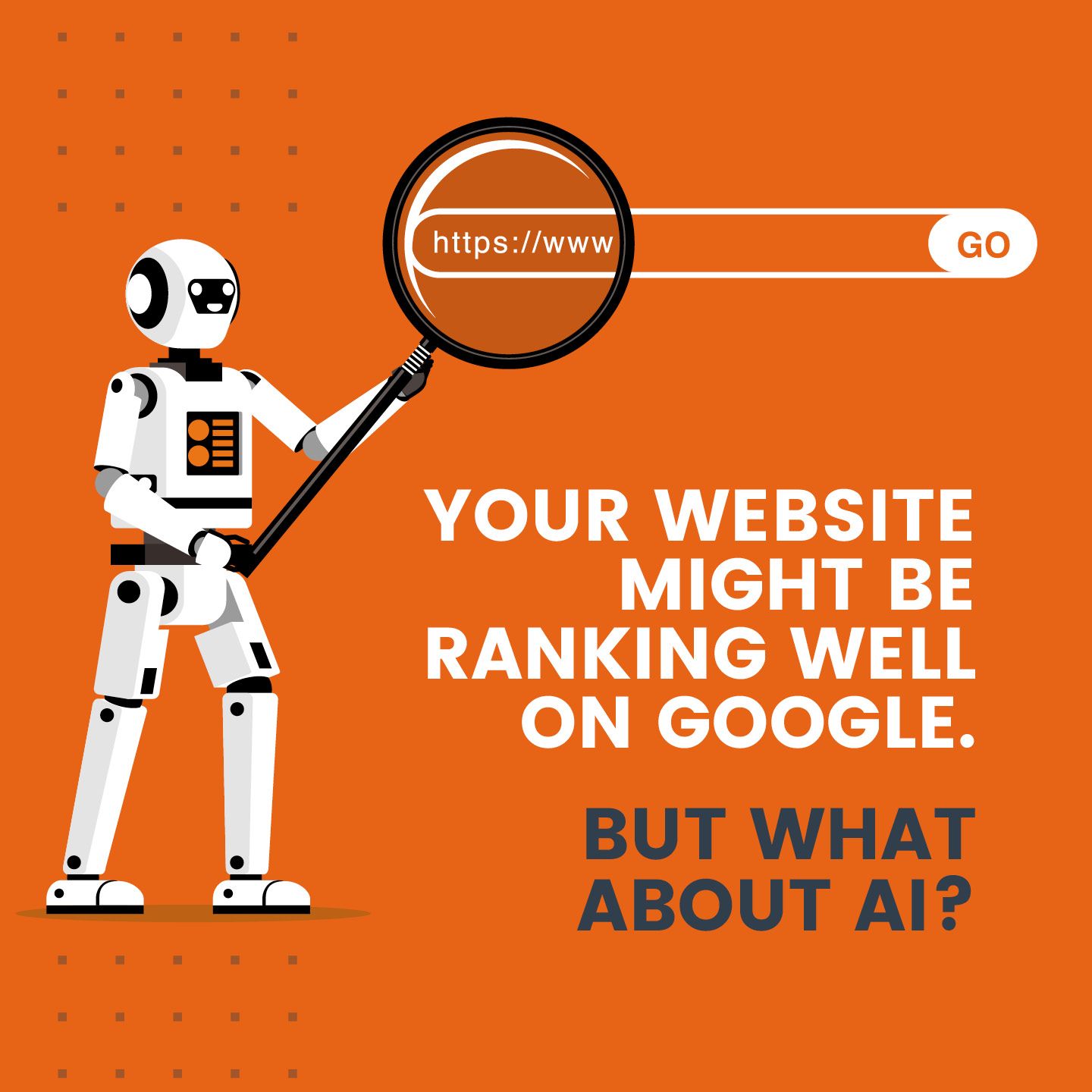 A robot is holding a magnifying glass over a search bar. Optimising website for AI search.