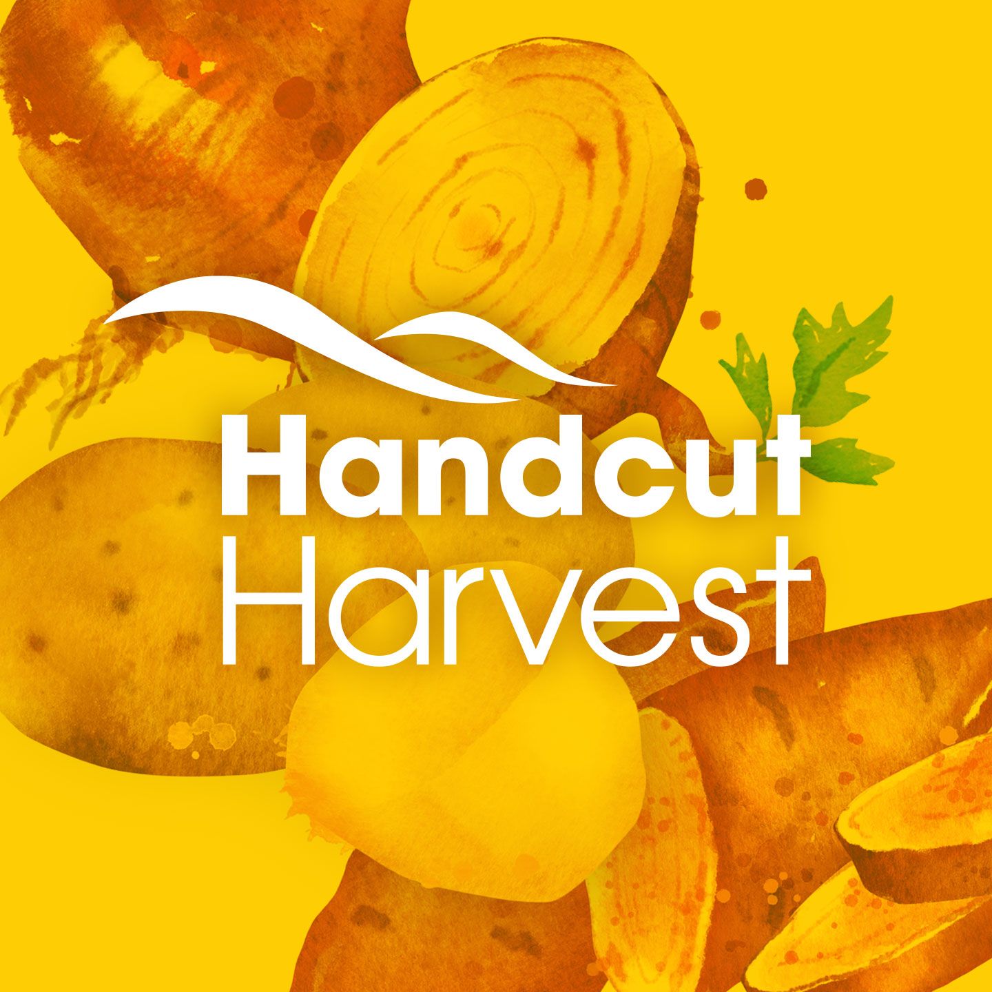 A handcut harvest logo with potatoes and onions on a yellow background