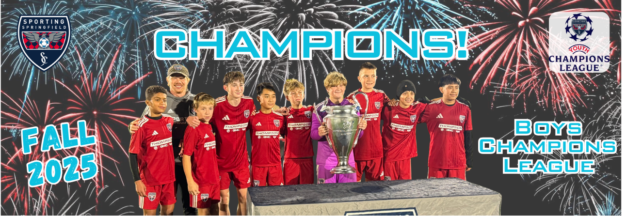 Youth soccer team posing with championship trophy under “CHAMPIONS!” banner, Fall 2025 Boys Champions League.
