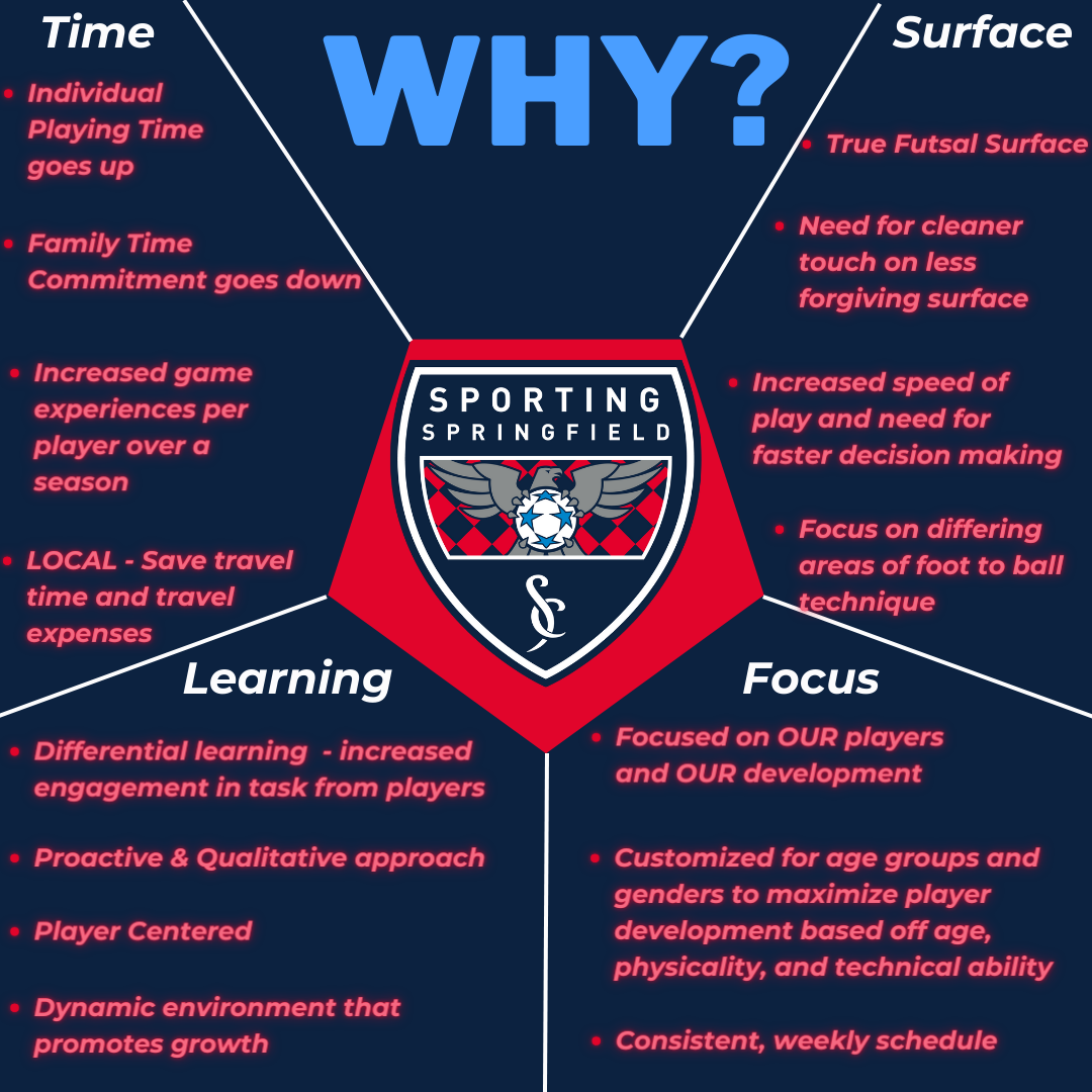Soccer training graphic: “Why?” compares surface and learning benefits with a red-and-blue shield logo.