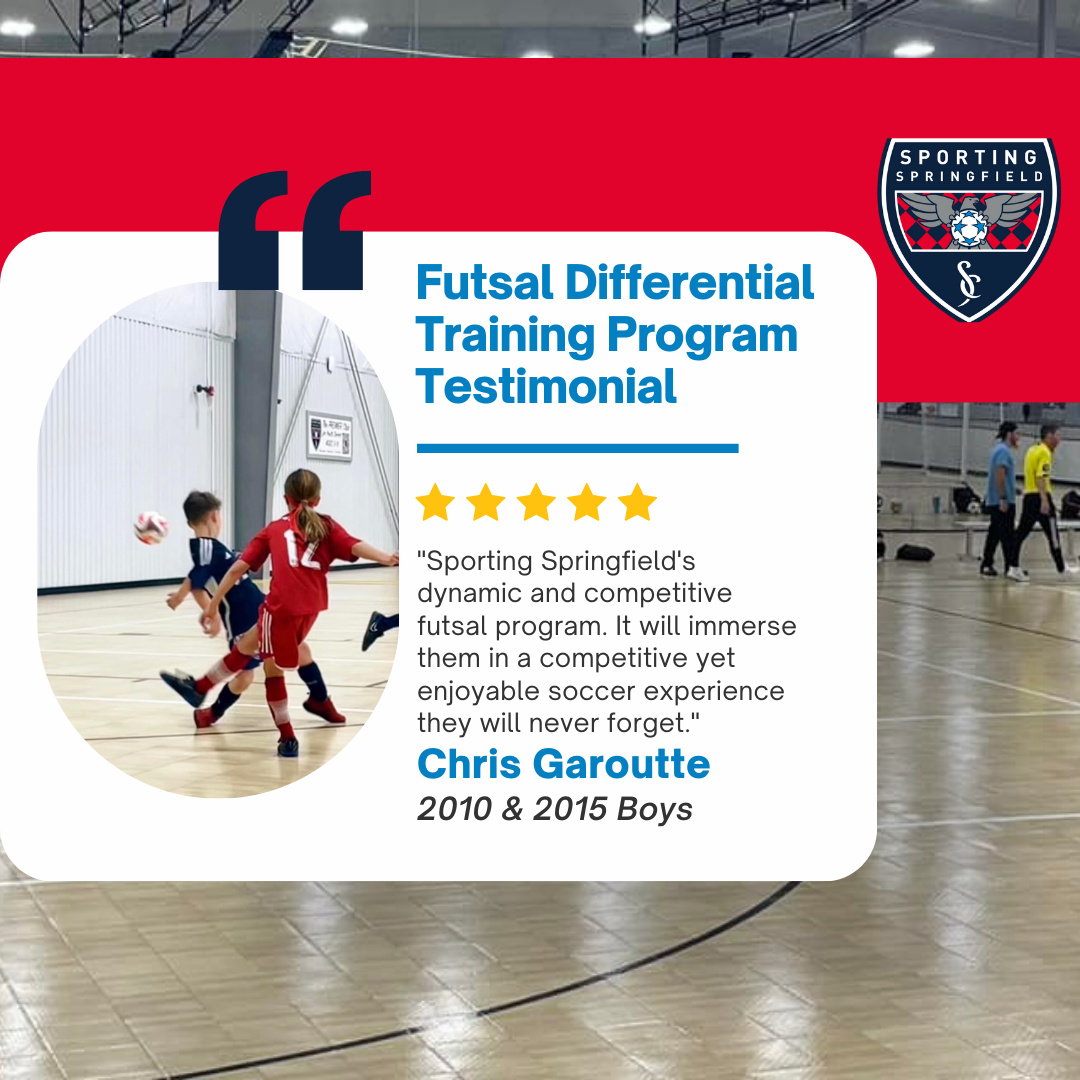 Futsal training testimonial graphic with red-and-white design and a coach quote beside a youth action photo