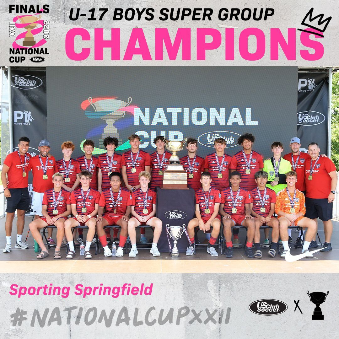 U-17 Boys Super Group champions posing with medals and trophy at National Cup finals podium, in red uniforms