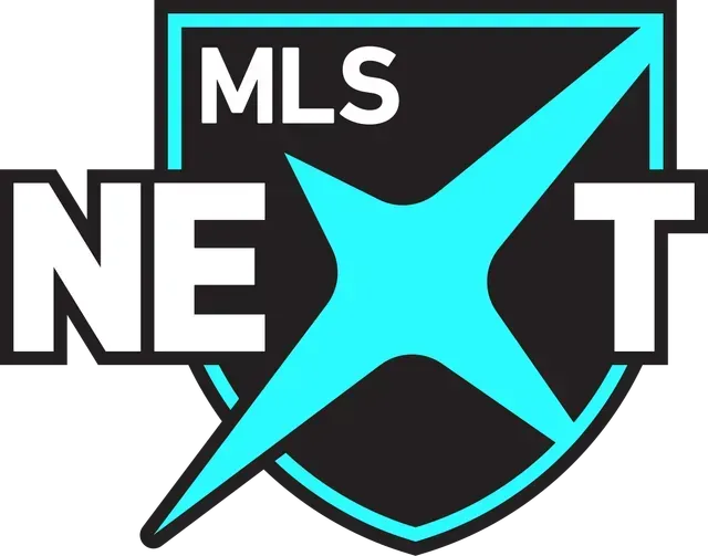 MLS NEXT logo with black shield, cyan X, and white text on a black and cyan background