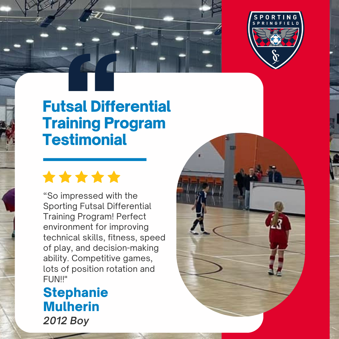 Futsal training testimonial poster with a gym photo, red-white design, and Sporting Lisbon emblem