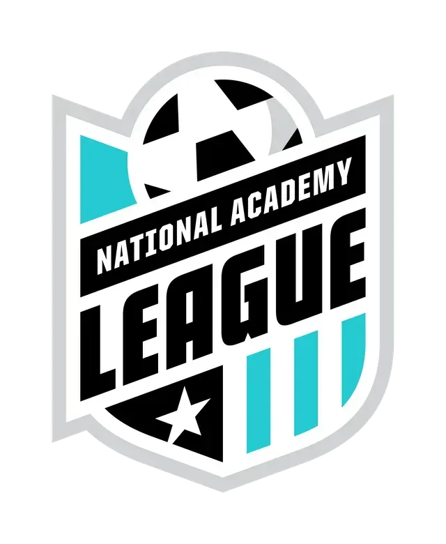 National Academy League logo with black, white, teal, and gray shield design and soccer ball