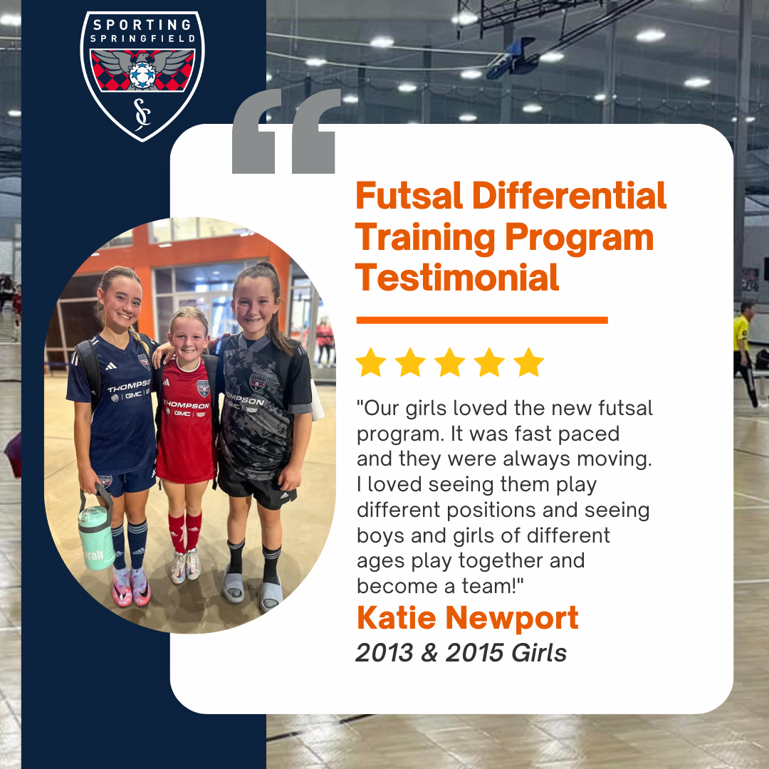 Futsal testimonial graphic with three players, five stars, and a quote on a blue-and-white layout.