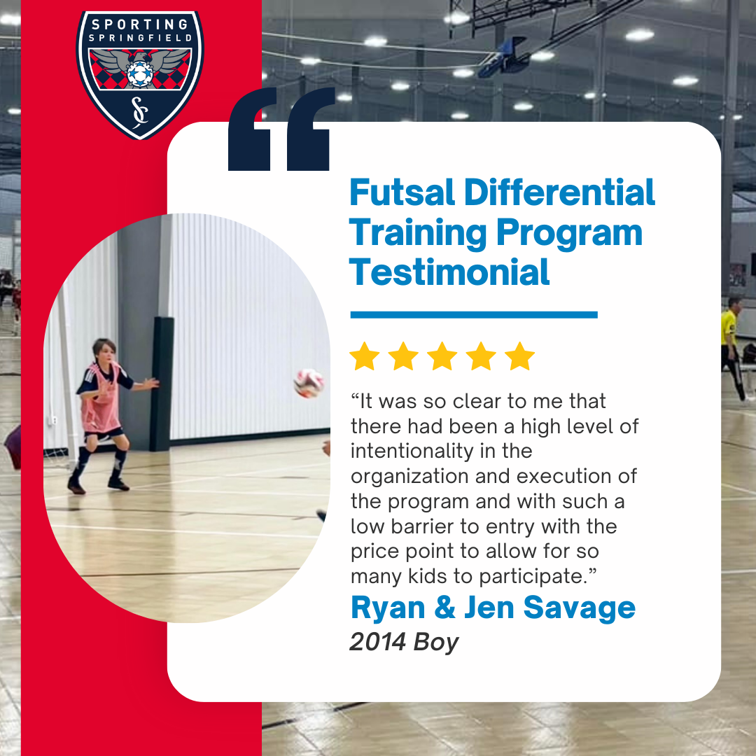 Futsal training testimonial graphic with player in pink on indoor court and five stars