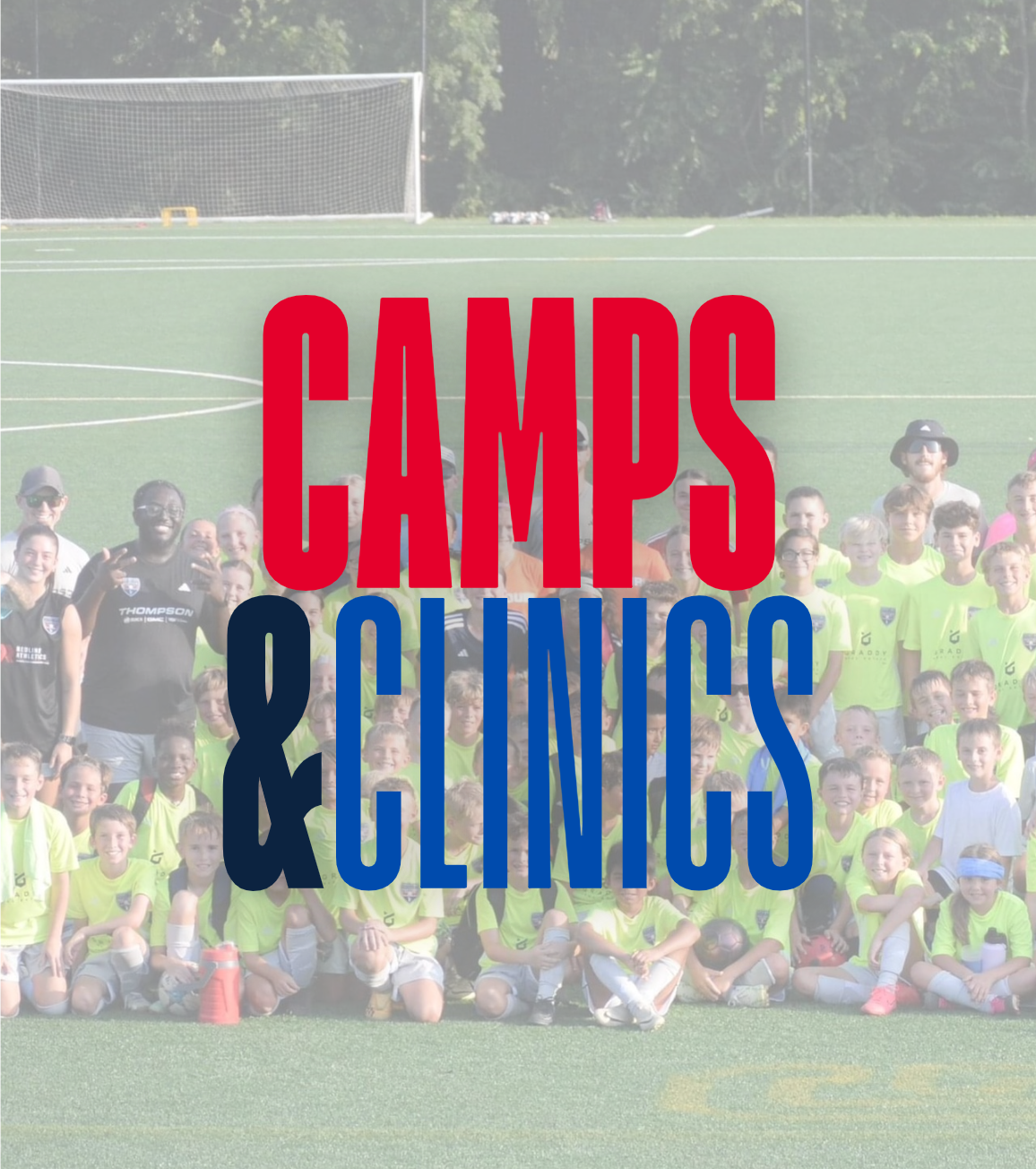 Youth soccer team photo with large red and blue 