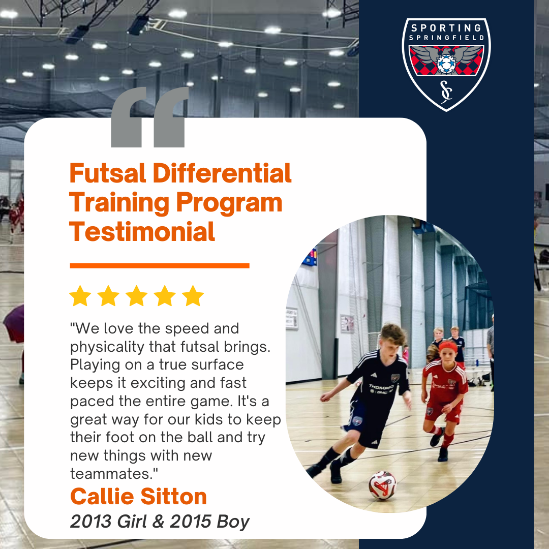Futsal training program testimonial card with child running in an indoor gym, orange and navy branding