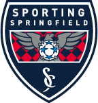 Sporting Springfield soccer crest with red and blue wings, bulldog head, and shield emblem