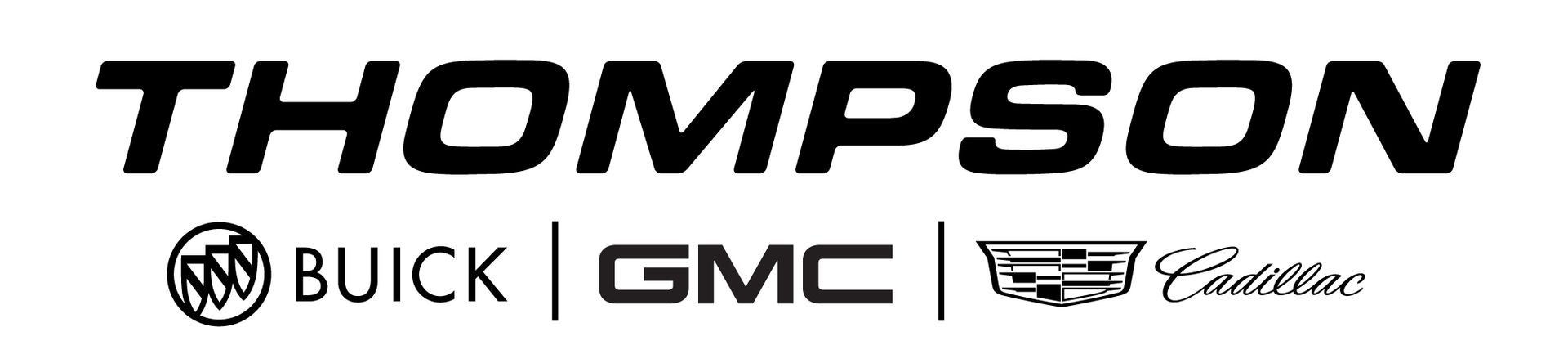 THOMPSON automotive logos for Buick, GMC, and Cadillac on a white background