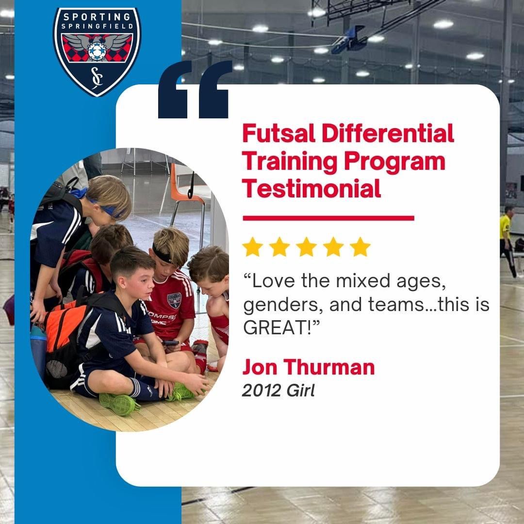 Futsal training program testimonial graphic with stars, quote, and kids in a gym