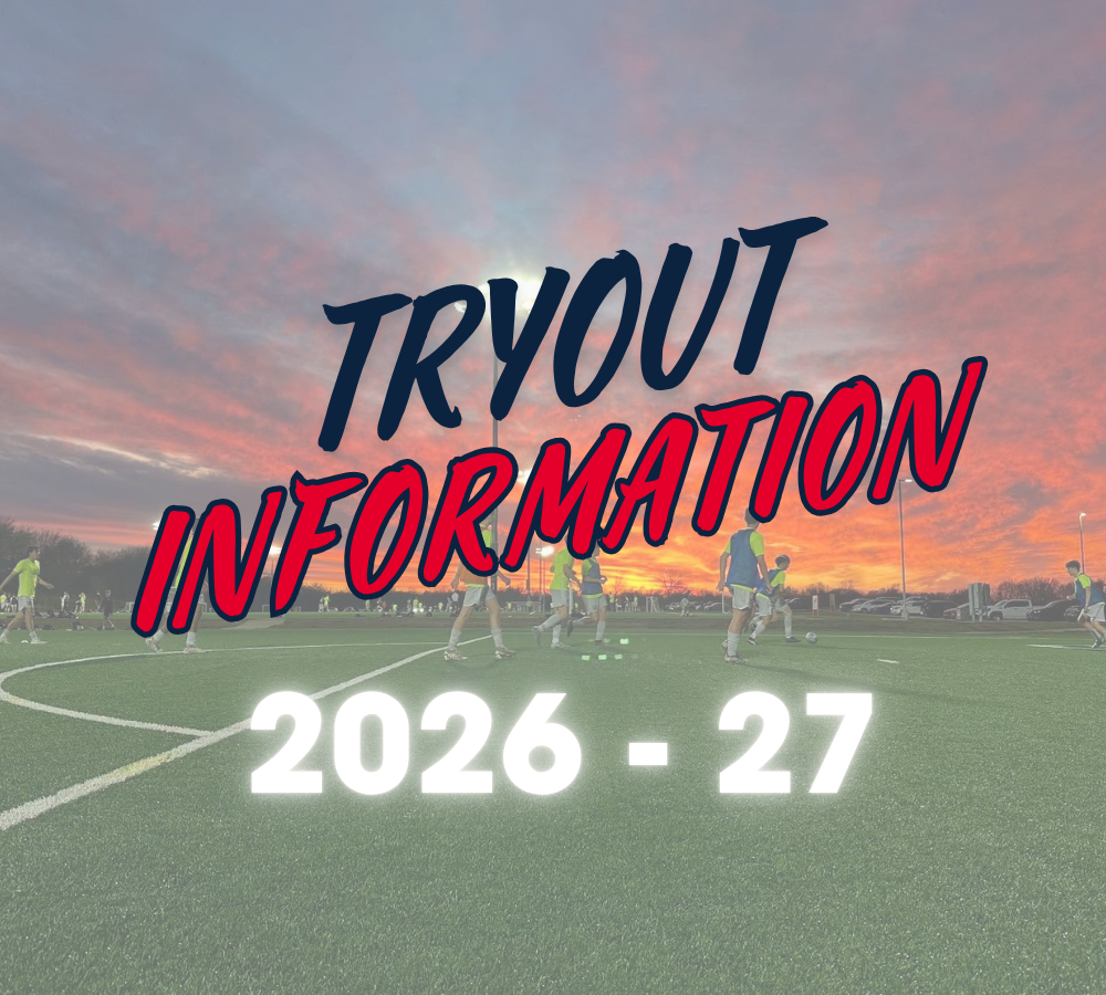 Tryout information text over a sunset soccer field, with “2026-27” in bold white letters