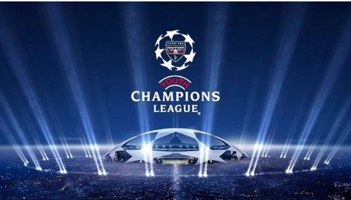 UEFA Champions League logo above a silver soccer ball on a blue stadium-lit background