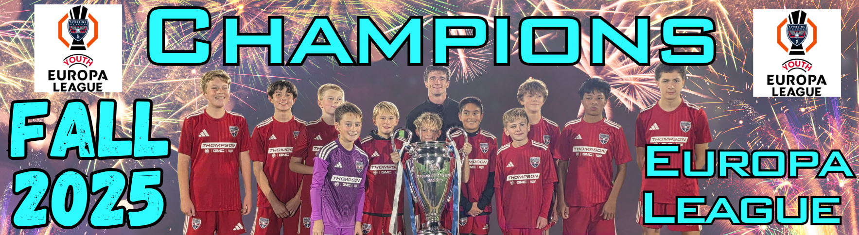 Liverpool squad banner reading “CHAMPIONS,” “FALL 2025,” and “Europa League.”