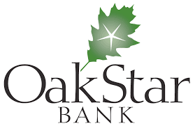 OakStar Bank logo with black text and a green oak leaf icon