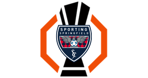 Sporting Springfield logo with a shield over a black-and-orange octagonal emblem, skull and crossed bones design