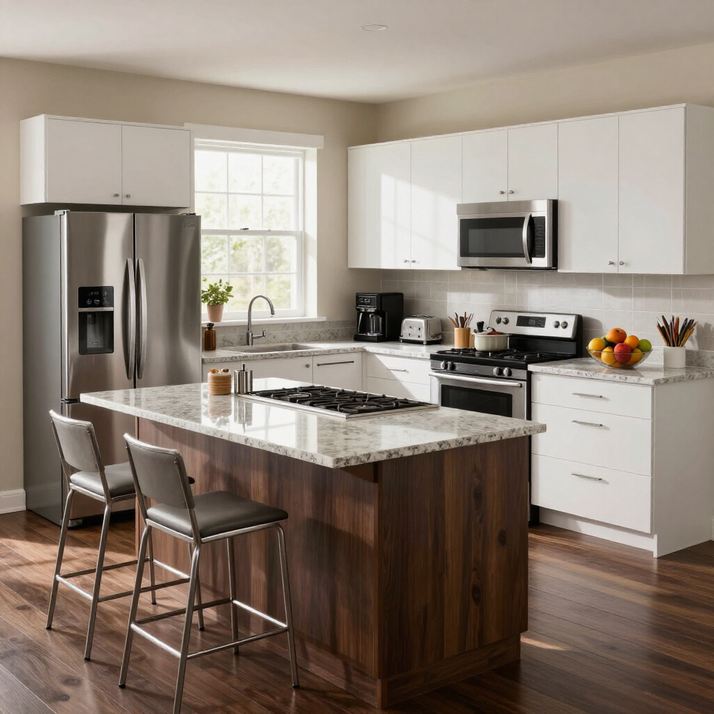 Modern kitchen with white cabinets, stainless appliances, dark wood island, and two bar stools