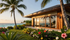 Tropical beachfront villa at sunset with palm trees, ocean view, and colorful flowers in the foreground