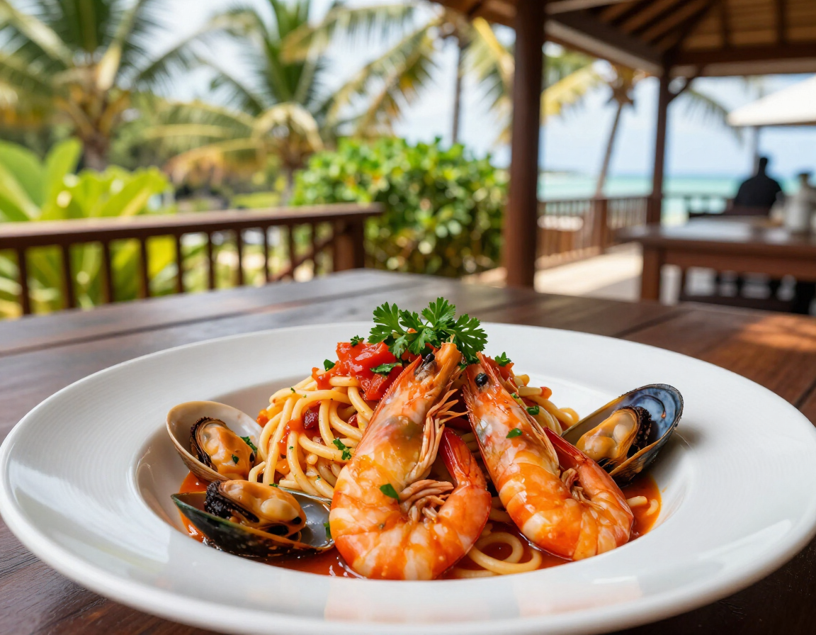 photorealistic delicious Italian seafood pasta dish served on a tropical terrace 4:3