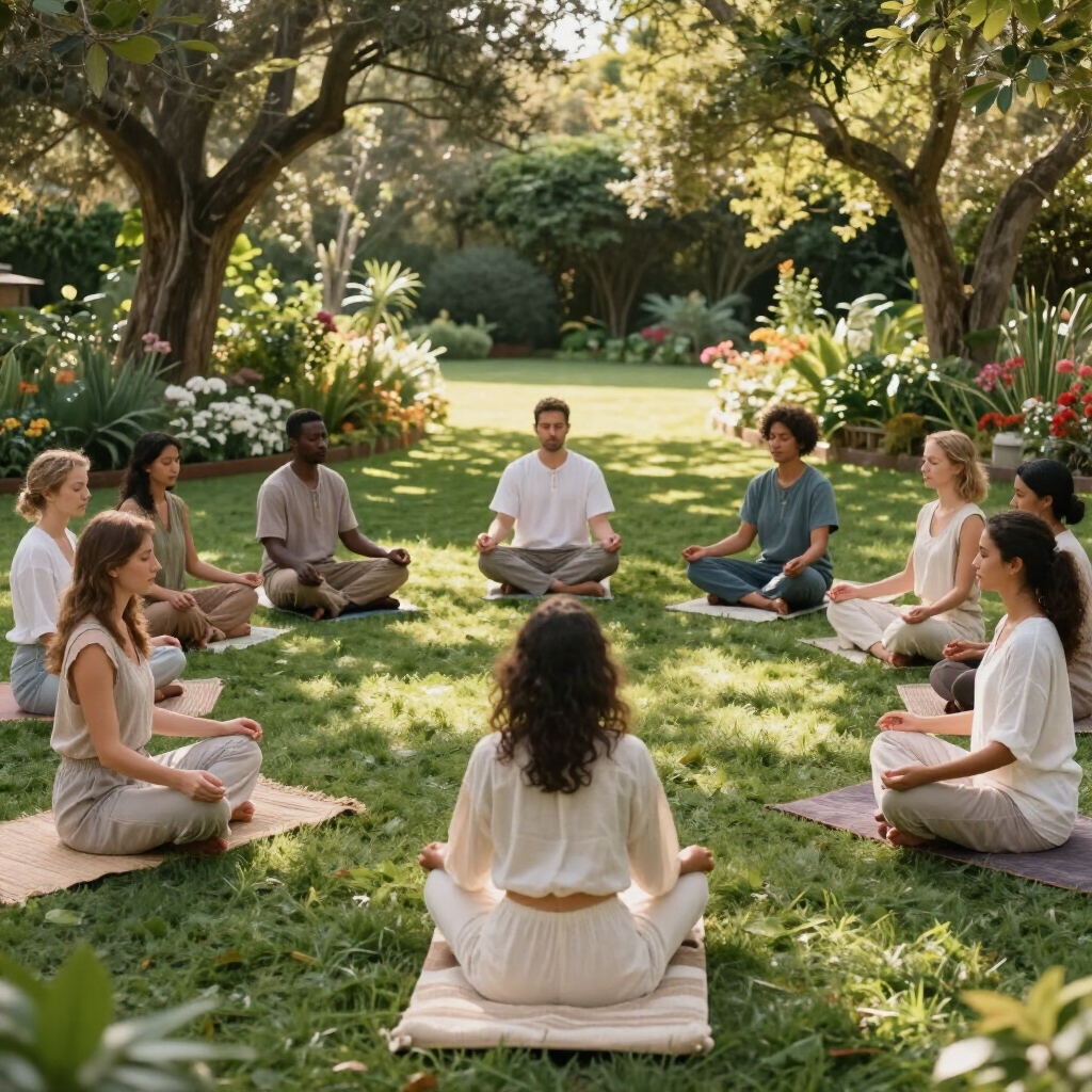 People sitting cross-legged in a circle on mats in a sunny garden meditation session