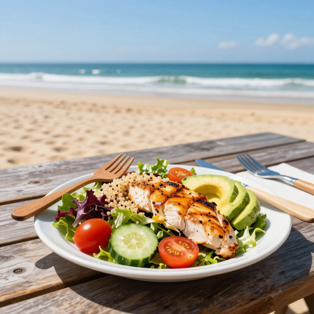 Grilled chicken salad with avocado, tomatoes, and cucumber on a beachside table