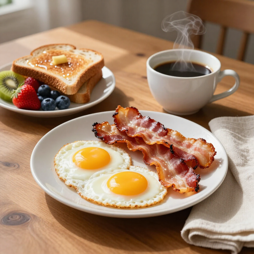 Breakfast plate with eggs and bacon, toast with fruit, and a steaming cup of coffee on a wooden table