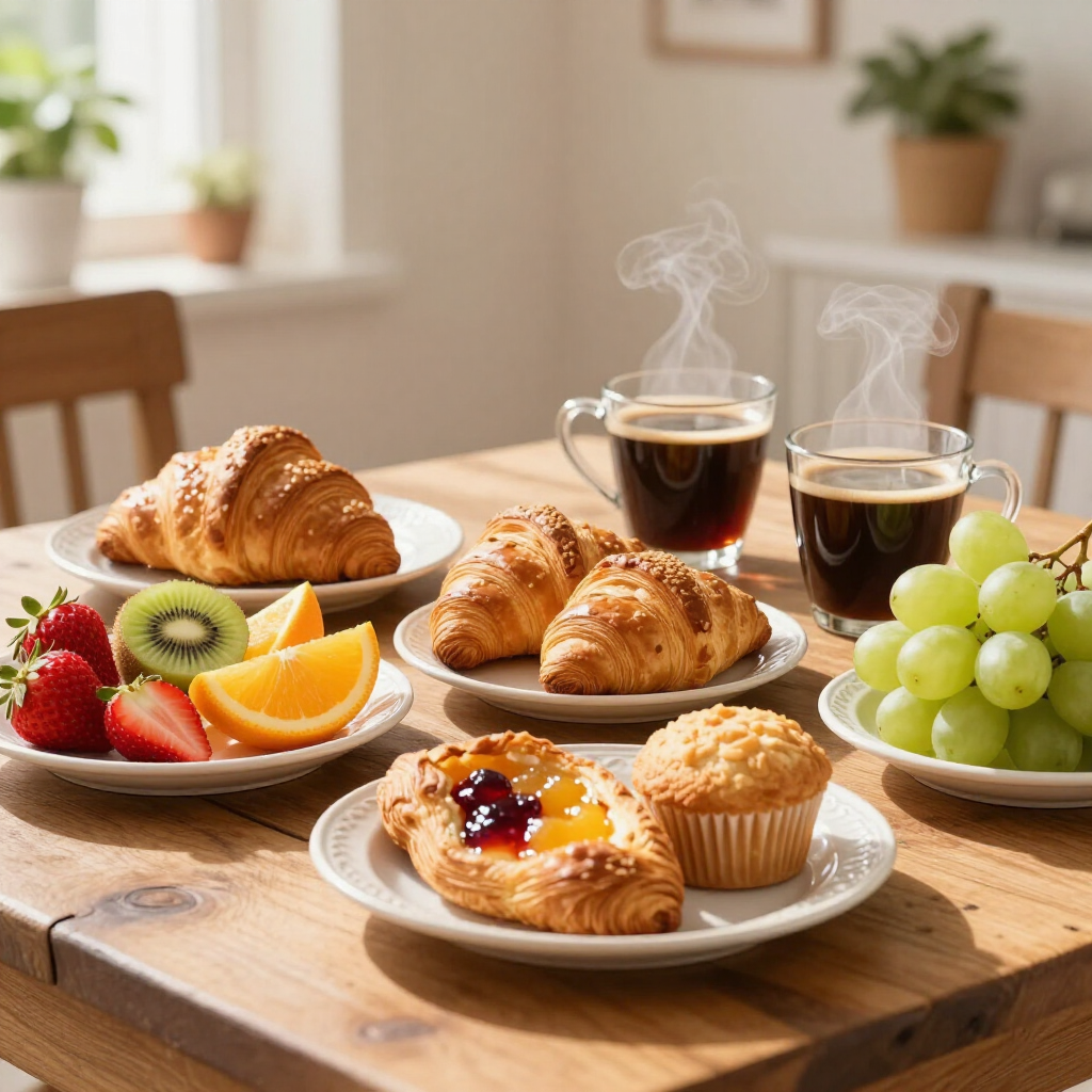 Breakfast table with croissants, muffins, fruit, grapes, and steaming coffee by a sunny window