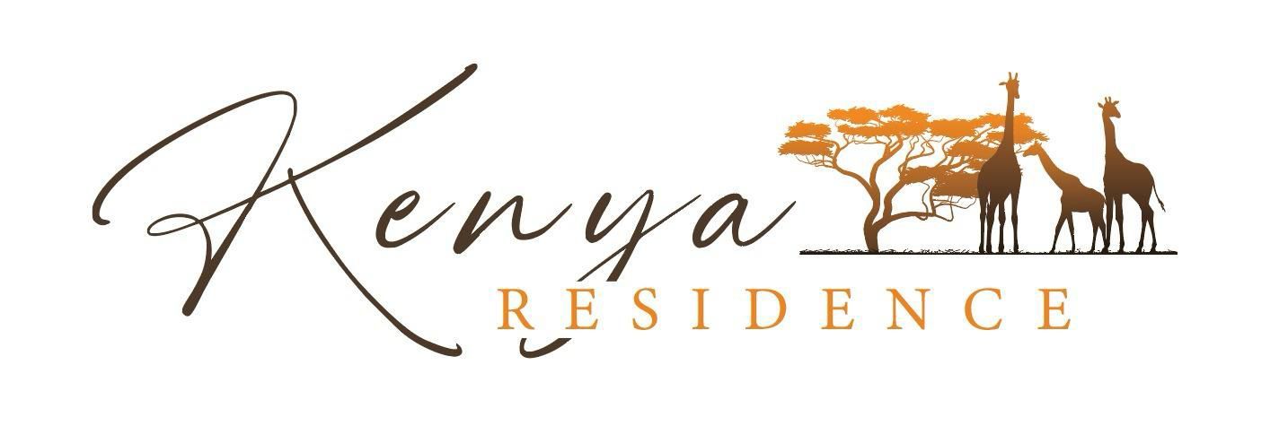 Kenya Residence logo with cursive text and silhouette of giraffes and acacia tree in brown and orange