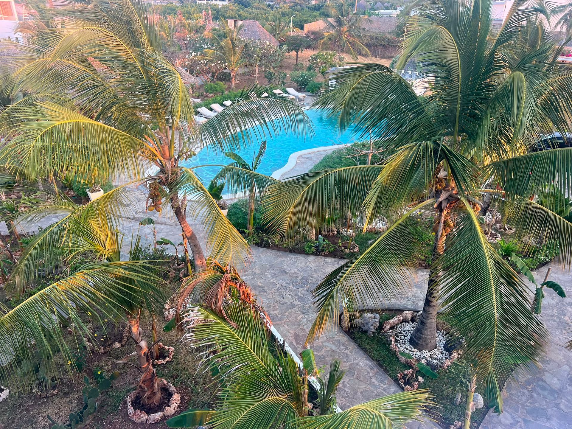 Thatched huts beside a reflective pond at sunset, with palm trees and a tropical lodge in the background