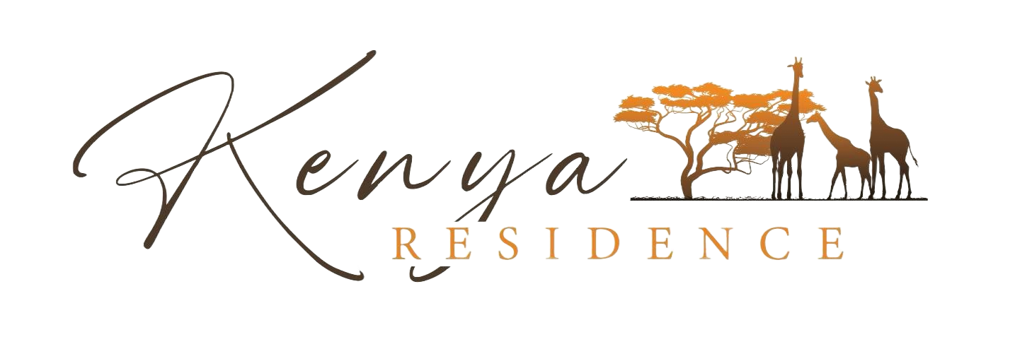 Kenya Residence logo in elegant script with safari silhouettes and warm brown tones