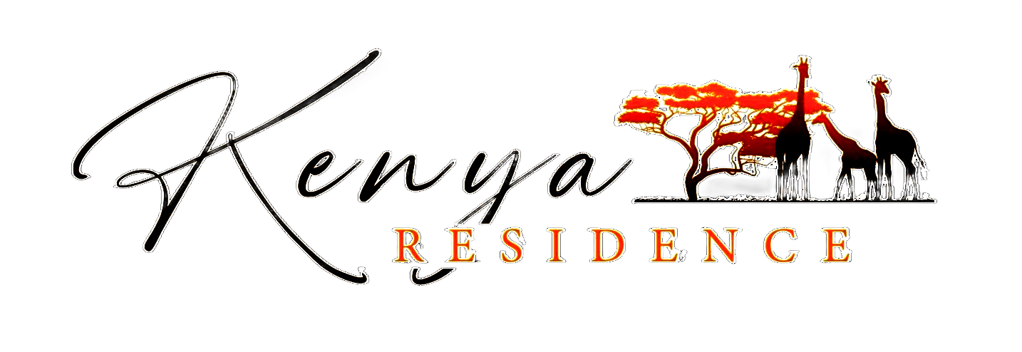 Kenya Residence logo with black script text and an orange safari silhouette of elephants and acacia trees