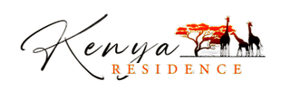 Kenya Residence logo with black script text and an orange safari silhouette of elephants and acacia trees