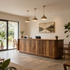 Minimalist reception desk in a bright modern lobby with wood accents and hanging pendant lights
