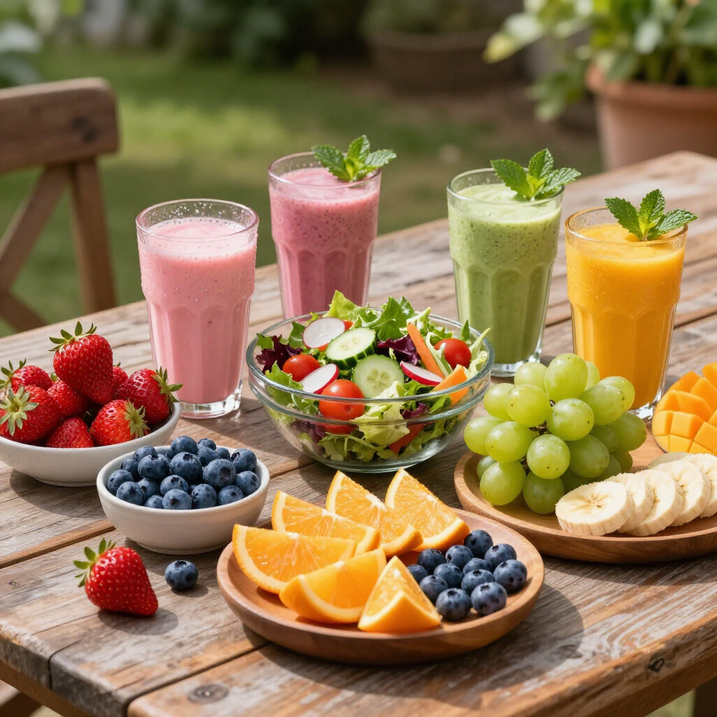Assorted fruit and smoothies on a rustic outdoor table, including strawberries, blueberries, grapes, oranges, and apples.