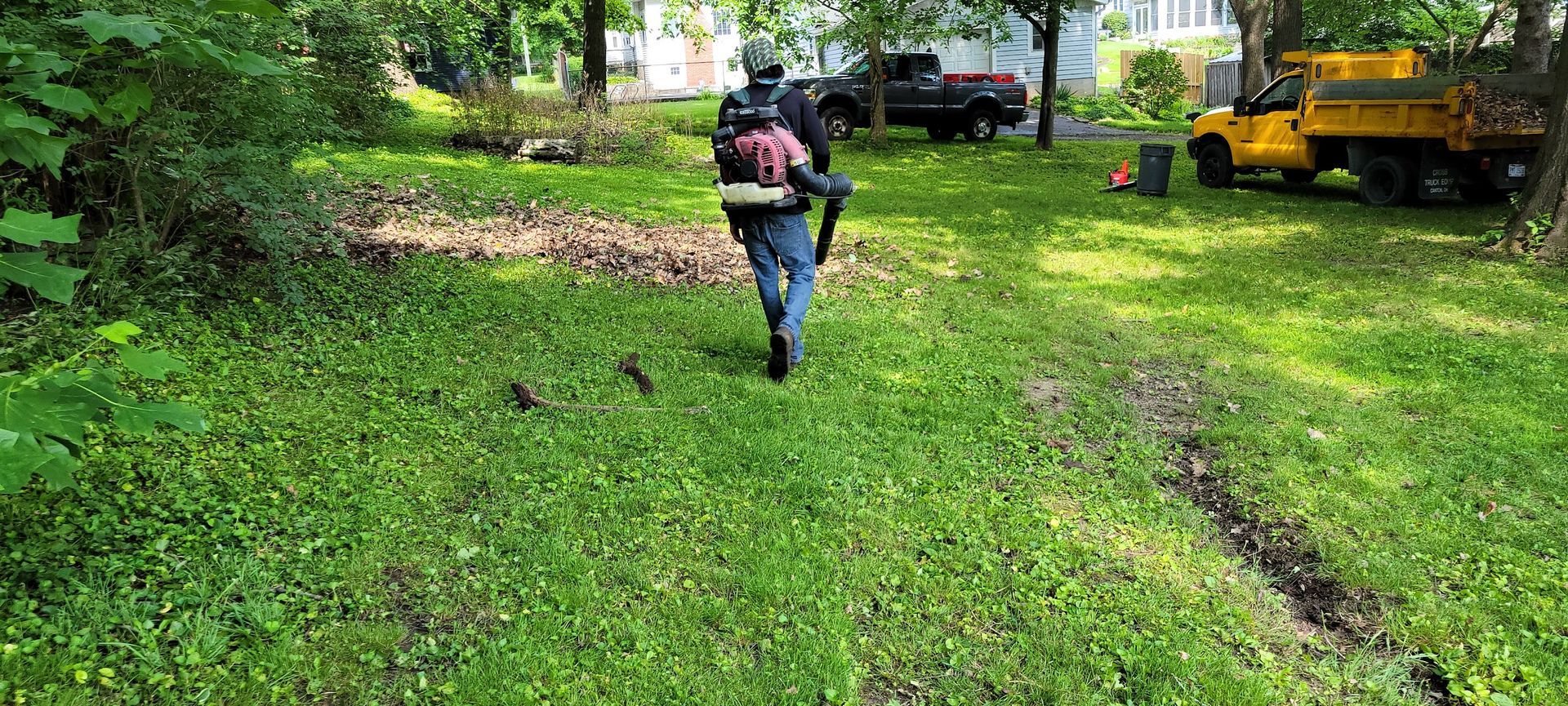 A person with a backpack blower walks on a grassy lawn towards parked trucks.