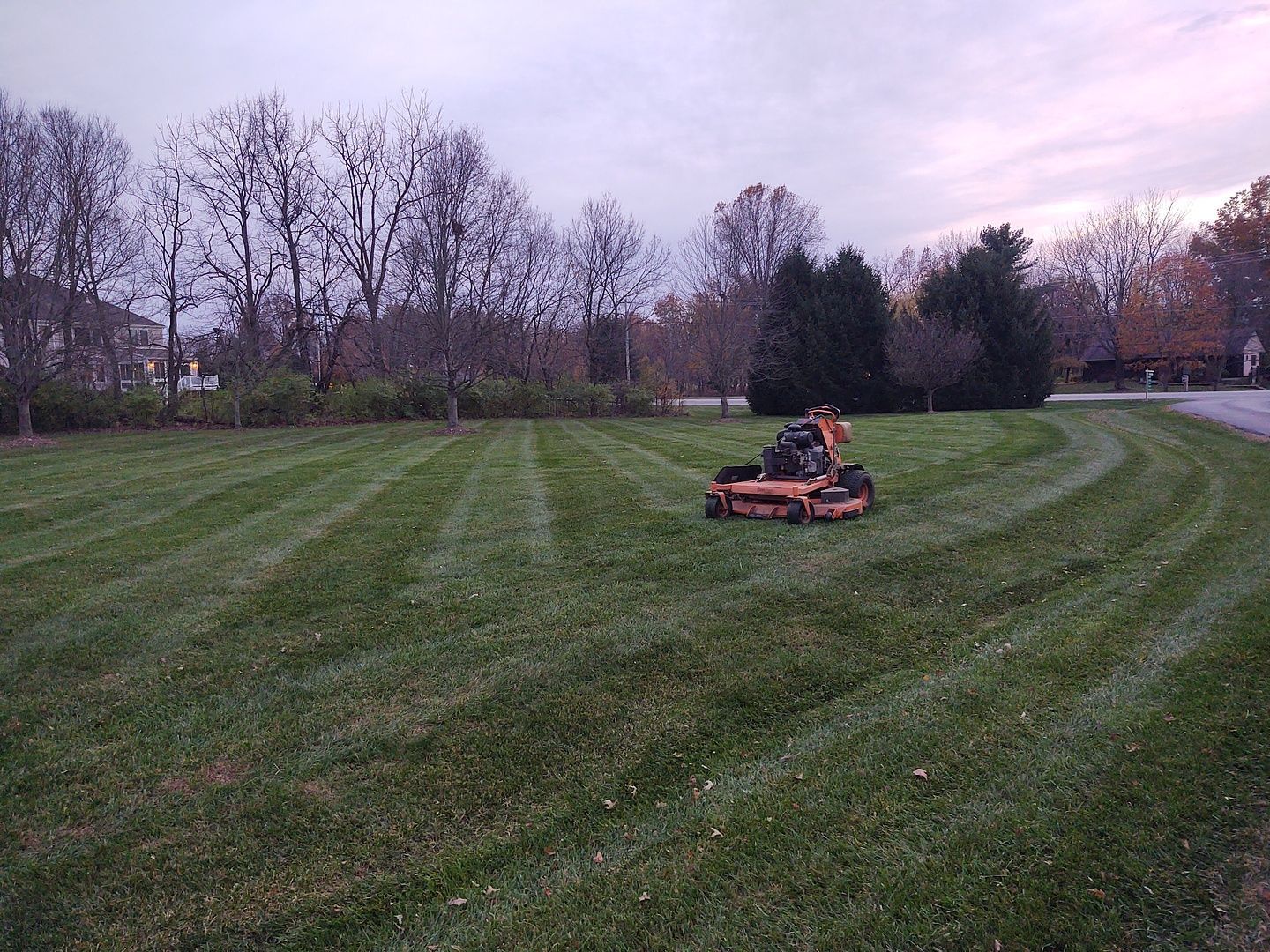 A person is riding a lawn mower through a lush green field.