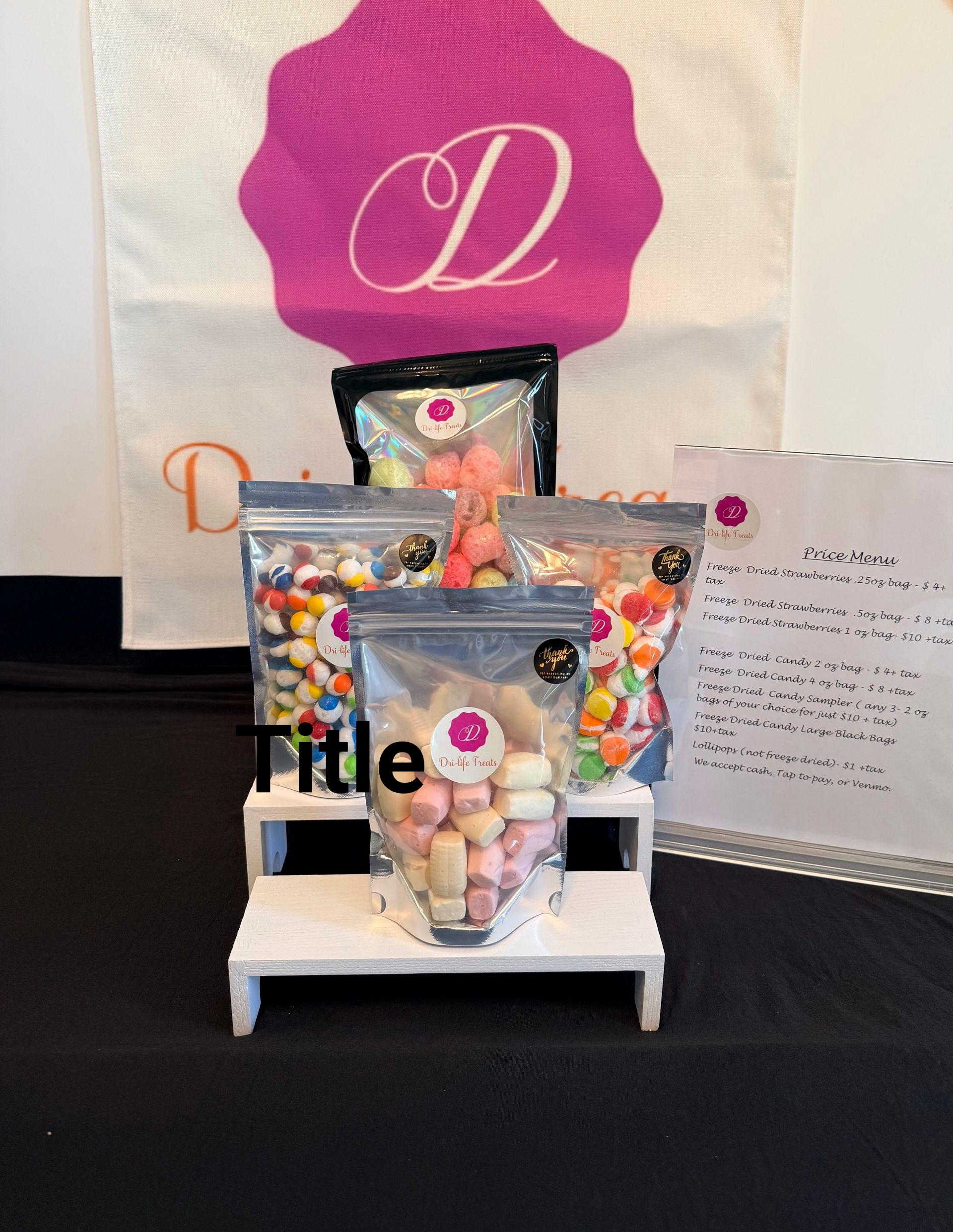 Three colorful candy pouches on a white display stand with a pink logo bag and note card behind them
