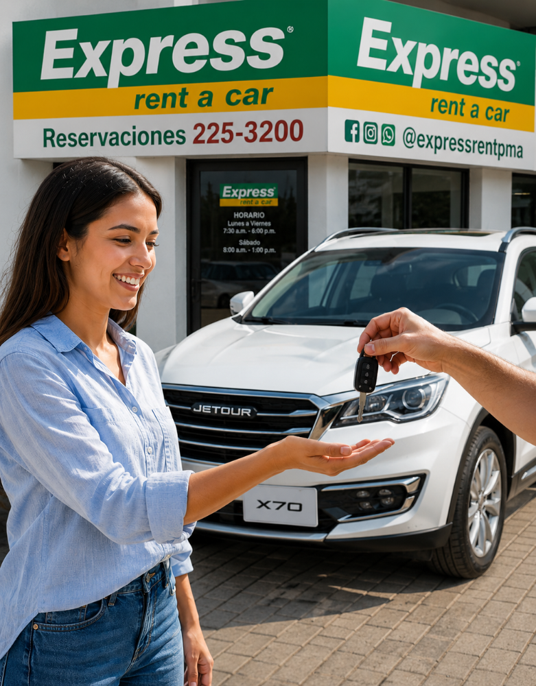 Una mujer recibe las llaves de un coche frente a una oficina de Express Rent a Car y una camioneta SUV blanca.