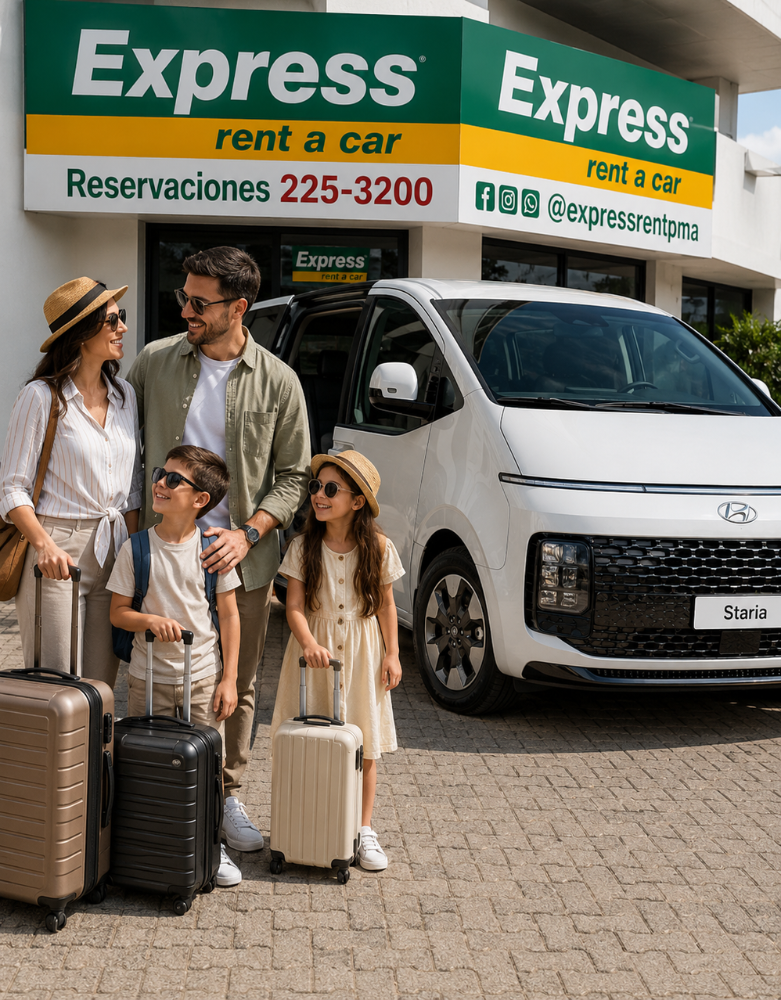 Familia con equipaje afuera de la caseta de Express Rent a Car junto a una furgoneta blanca.
