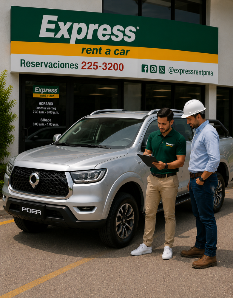 Dos hombres inspeccionan un SUV plateado frente a una oficina de alquiler de coches Express.